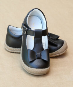 L'Amour Girls Black Leather T-Strap Bow Mary Jane